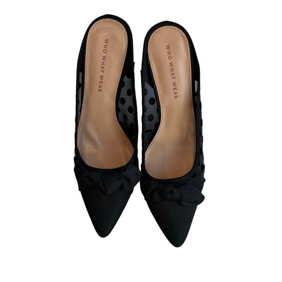 Who What Wear Black Poke A Dot Mesh Black Bow Kitten Heels Mules SZ 6.5 - Picture 7 of 8